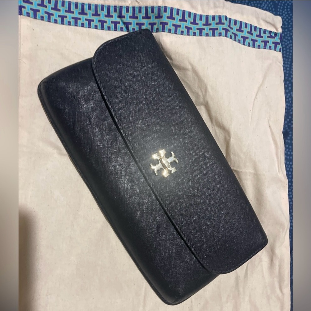 Tory Burch Midnight Black Clutch with gold clasp. Great for day or evening.